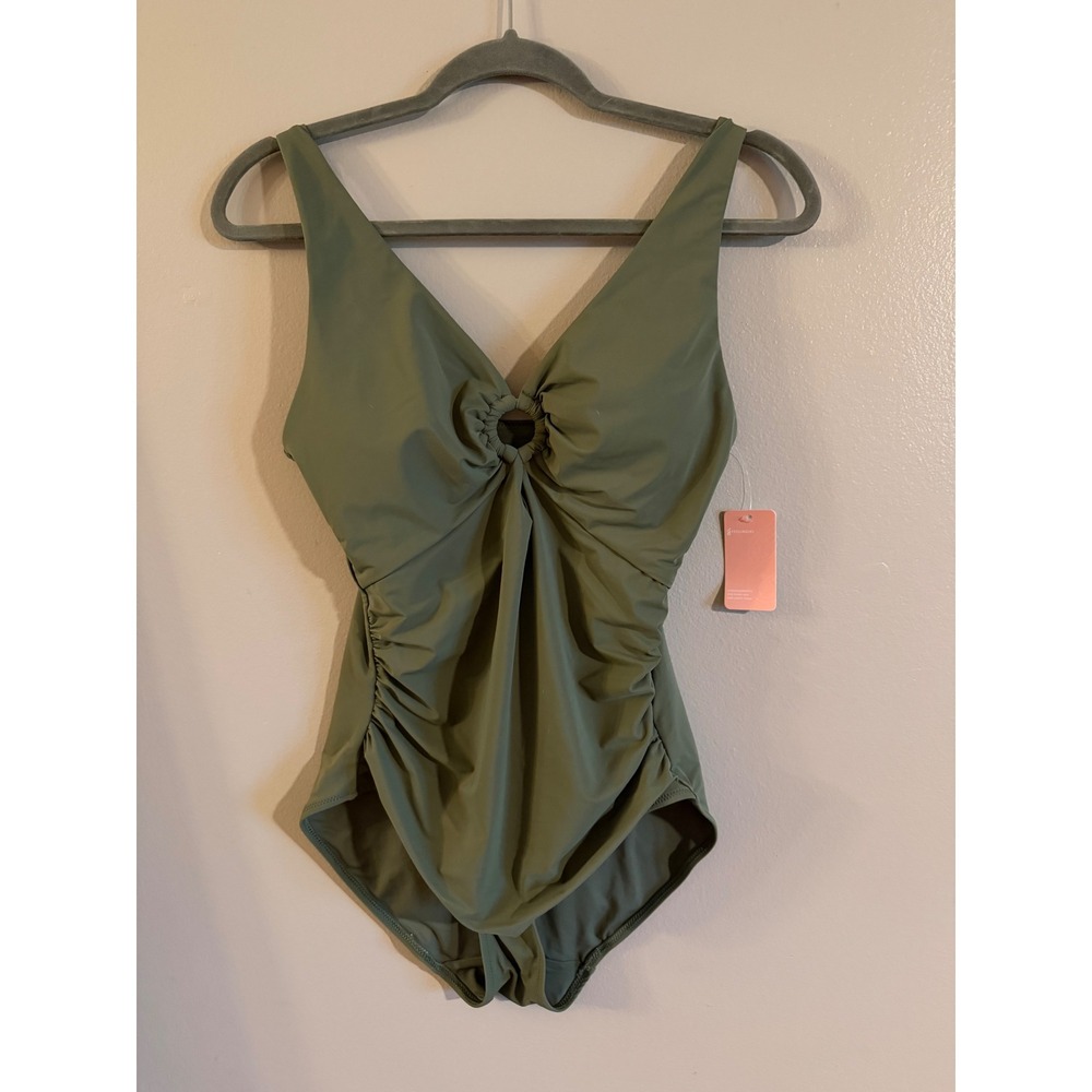 Feelingirl Women Olive Green Ring Detail Ruched One Piece Swimsuit Size M NWT